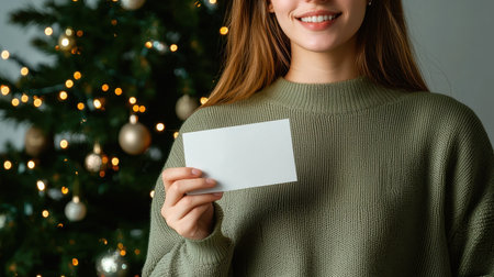 A cheerful young woman in a cozy sweater holds a blank card in front of a beautifully decorated Christmas tree, embodying the joy and warmth of the holiday season.の素材