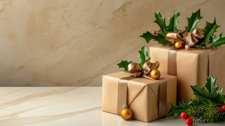 This image features elegantly wrapped gift boxes adorned with bows and festive decorations, set against a smooth marble background. Perfect for holiday themes.の素材