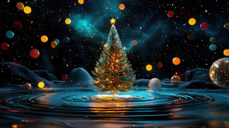 A beautiful illustration of a glowing Christmas tree set against a starry background, surrounded by colorful ornaments. Perfect for holiday-themed projects.の素材