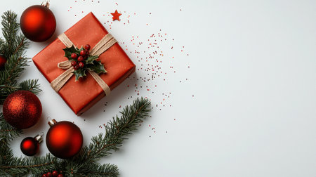 A beautifully wrapped red gift adorned with a decorative bow, surrounded by festive ornaments and pine branches, creating a cheerful holiday atmosphere.の素材