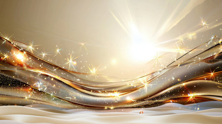 This stunning abstract image features graceful golden waves punctuated by sparkling elements and bright sunlight. The design embodies elegance and tranquility, making it perfect for various artistic applications.の素材