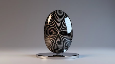 This striking artwork features a black and white egg-shaped sculpture with a unique fingerprint pattern, showcasing contemporary design and artistic flair.の素材