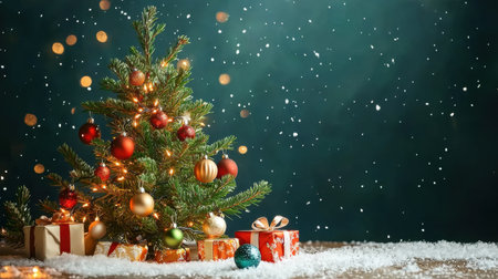 A beautifully decorated Christmas tree adorned with festive ornaments and lights sits surrounded by wrapped gift boxes on a snowy floor, creating a cozy holiday atmosphere.の素材