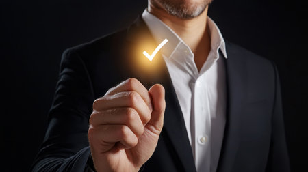 A confident man in a suit makes a positive checkmark gesture against a dark background, symbolizing approval and success in business and professional settings.の素材