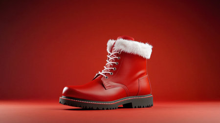 A striking red winter boot featuring a soft fur trim, perfect for holiday celebrations. This vibrant footwear adds a festive touch to any winter outfit.の素材