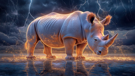 This stunning image captures a rhinoceros in a dramatic setting, illuminated by lightning with stormy skies overhead. A vivid representation of wild nature.の素材