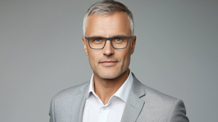 A confident mature man with gray hair and glasses showcases his professional style in a tailored suit, exuding charisma and elegance in a neutral setting.の素材
