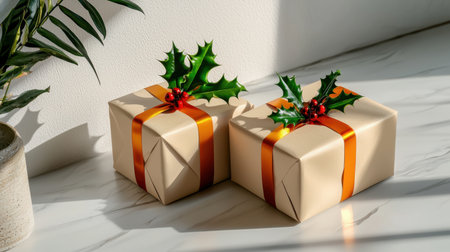 Two beautifully wrapped Christmas gifts featuring vibrant ribbons and holly sit on a sunlit surface, creating a warm and festive atmosphere perfect for the holidays.の素材
