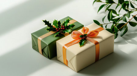 Discover two beautifully wrapped Christmas gift boxes adorned with holly and ribbon, perfect for holiday celebrations and festive occasions.の素材