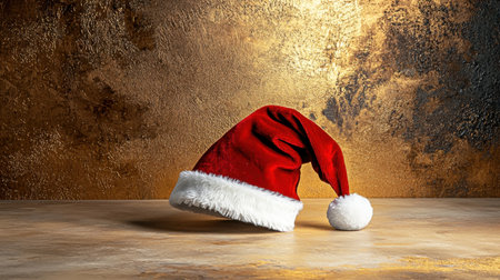 A classic red Santa hat with fluffy trim rests elegantly on a rustic golden background, perfect for capturing the festive spirit of the holiday season.の素材