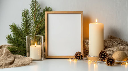 A cozy minimalist arrangement featuring an empty frame, glowing candles, and pine elements. Perfect for seasonal decor, home inspiration, and warm ambiance.の素材