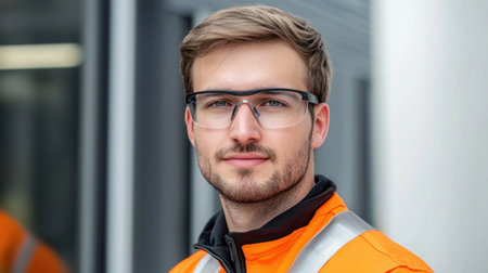 Young male construction worker in safety gear and glasses poses confidently, showcasing dedication to safety and professionalism in the construction industry.の素材