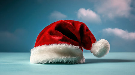 A vibrant red Christmas hat with white fur sits on a blue background. This cozy accessory represents festive joy and holiday spirit, perfect for seasonal celebrations.の素材