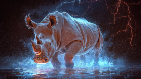 A striking rhinoceros stands powerful in pouring rain, illuminated by dramatic lightning. This captivating scene portrays the essence of wildlife and nature's beauty.の素材