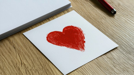 A vibrant red heart drawn on white paper signifies love and creativity. A pen and notepad complement the artwork, enhancing the workspace.の素材