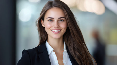 A professional young woman smiles confidently in a modern office environment, embodying success and approachability. Perfect for business-related themes.の素材