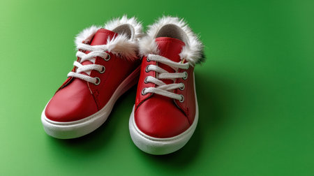 A pair of adorable red children's shoes featuring a cozy fur trim, perfect for little ones. The vibrant color and playful design make them ideal for casual wear and holidays.の素材