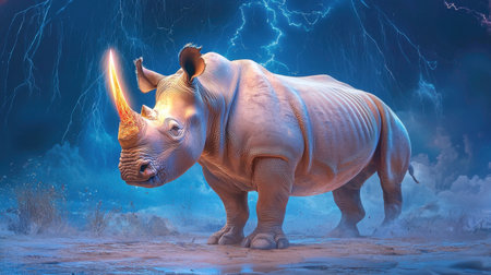 A stunning rhinoceros stands majestically against a backdrop of dramatic lightning. This surreal landscape evokes a sense of power and beauty in nature.の素材