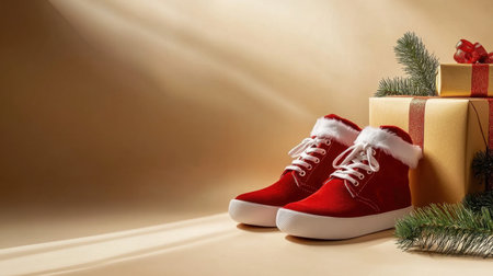 Charming red shoes with a fur trim sit beside holiday gifts and greenery. The warm setting captures the spirit of Christmas and festive celebrations.の素材