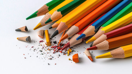 Captivating arrangement of colorful pencils scattered on a white surface, showcasing vibrant colors and pencil shavings, perfect for educational or creative themes.の素材