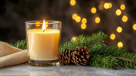 A serene candle emits a warm glow, surrounded by pine cones and greenery, perfect for creating a cozy holiday atmosphere during winter celebrations.の素材