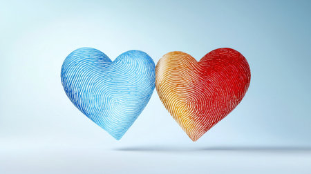 This artistic image features two vibrant hearts adorned with unique fingerprint patterns, symbolizing love and connection through individuality and unity.の素材