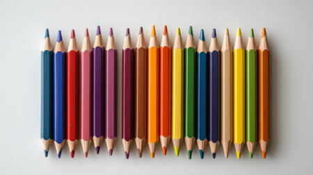 A beautiful arrangement of vibrant colored pencils on a light surface, perfect for art projects, school activities, or creative endeavors.の素材
