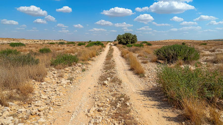 A tranquil dirt path winds through a sunlit desert landscape, flanked by dry vegetation and under a blue sky with fluffy white clouds, inviting exploration.の素材