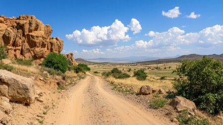 A dirt road winds through a picturesque landscape featuring rocky cliffs under a bright blue sky with fluffy white clouds. Ideal for outdoor enthusiasts.の素材