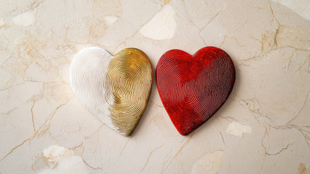 This image features two beautifully crafted heart shapes with intricate line patterns on a light textured surface, symbolizing love and connection.の素材
