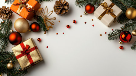 A beautiful arrangement of festive gifts, ornaments, and pine branches creates a joyful atmosphere for the holiday season. Perfect for seasonal decor inspiration.の素材