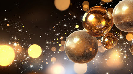 A captivating image featuring golden bubbles suspended against a dark backdrop, interspersed with glittering lights creating a magical and festive atmosphere.の素材