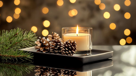 A serene arrangement featuring a glowing candle surrounded by pinecones and evergreen sprigs, creating a cozy atmosphere perfect for festive celebrations and winter evenings.の素材
