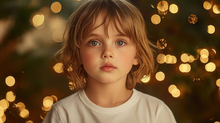 A tender portrait capturing a young child with a soft expression against a backdrop of festive lights, evoking warmth and innocence during the holiday season.の素材
