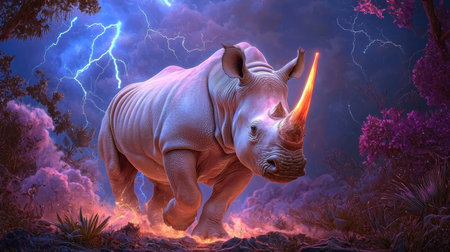 A powerful rhinoceros charges forward under a stormy sky, its horn igniting with flames. This imaginative scene captures the essence of wild strength and dramatic beauty.の素材