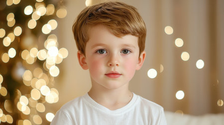 A charming portrait of a young boy with soft expressions, set against a backdrop of warm light bokeh, capturing innocence and a sense of tranquility perfect for seasonal themes.の素材