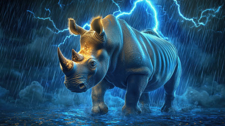 A powerful rhino stands strong amidst a dramatic storm, with bright lightning illuminating its form against the rain-soaked atmosphere, symbolizing nature's raw energy.の素材