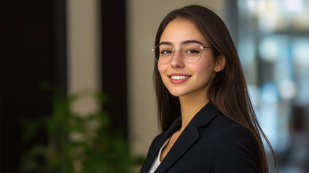 A confident young businesswoman with glasses smiles in a bright office setting, showcasing professionalism and approachability in her elegant attire.の素材