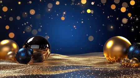 Stunning festive backdrop featuring shimmering lights, elegant orbs, and a luxurious golden texture, perfect for holiday and celebration themes and events.の素材