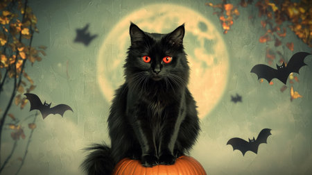 A mysterious black cat with striking orange eyes sits atop a pumpkin under a full moon. Bats flutter around in a lively Halloween scene, creating a charming autumn atmosphere.の素材
