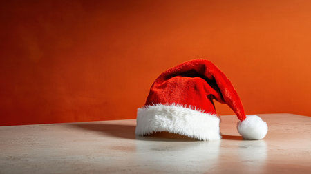A vibrant red Santa hat rests on a marble table against a striking orange background, evoking the festive spirit of the holiday season and joyful celebrations.の素材