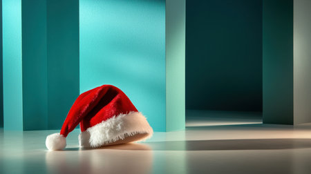 A close-up of a red Christmas hat resting on a smooth surface, complemented by a blue backdrop that creates an artistic and festive atmosphere.の素材
