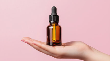 A delicate hand holds an amber dropper bottle containing vibrant yellow liquid against a soft pink backdrop. Ideal for health and beauty themes.の素材