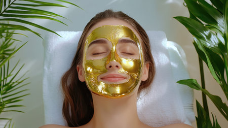A serene female model enjoys a luxurious spa treatment, featuring a gold face mask. The scene is enhanced by lush green plants, promoting relaxation and rejuvenation.の素材
