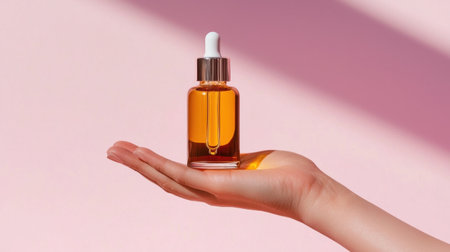 A graceful hand displays a glass dropper bottle filled with a golden serum against a soft pink backdrop, highlighting beauty and elegance in skincare.の素材