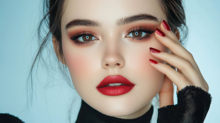 Stunning close-up portrait of a woman showcasing bold makeup and vibrant red lips. The image highlights her elegance and beauty, perfect for fashion or beauty content.の素材