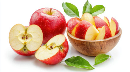 This image features fresh red apples, both whole and sliced, displayed in a wooden bowl with green leaves. Perfect for healthy living and culinary inspiration.の素材