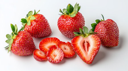 A vibrant arrangement of fresh strawberries, showcasing whole and sliced pieces, perfect for culinary projects, desserts, and healthy snacks. These ripe berries highlight summer's bounty.の素材