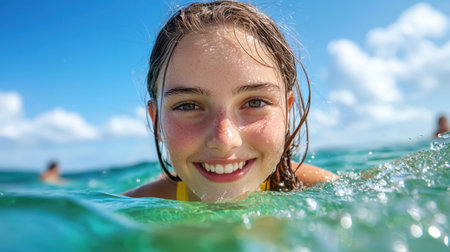 A joyful young girl smiles brightly while swimming in clear blue water. The vibrant scene captures the essence of childhood joy, summer fun, and carefree moments by the sea.の素材
