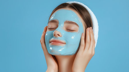 A young woman relaxes while applying a blue face mask, showcasing a moment of tranquility and self-care. The bright background complements her joyful expression.の素材